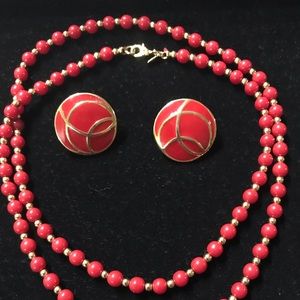 Vintage Monet Red Enamel Clip-On Earrings with Matching Monet Necklace